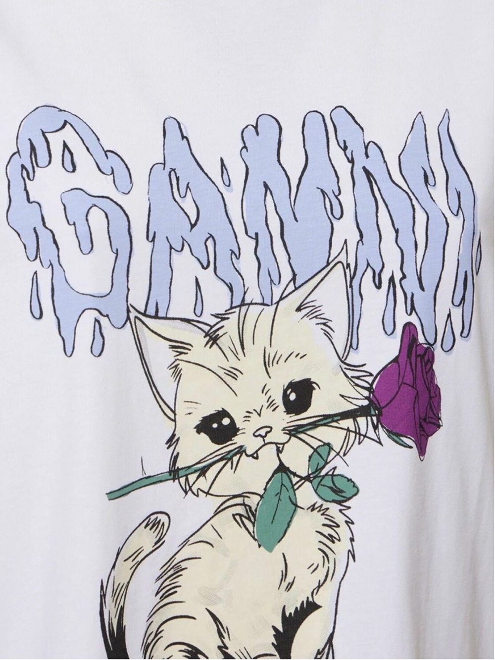 Ganni White Tee with Cream Cat Holding Purple Rose - Picture 3 of 13